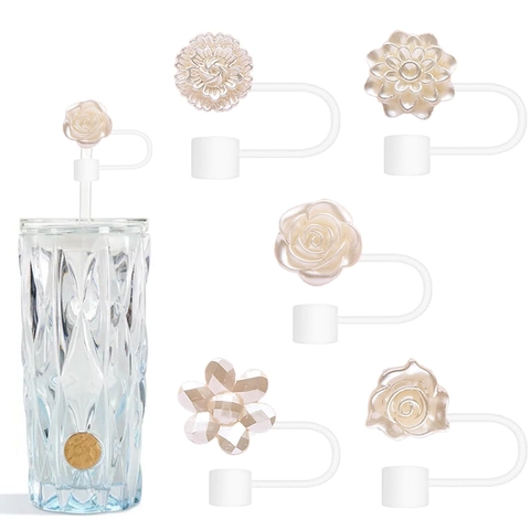 Silicone Straw Cover Cap Flower Artificial Pearl Decorative Dustproof Reusable Straw Topper Accessory For Drinking Tumblers