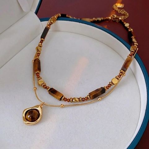 Collana Doppio Filo Vintage Rame Placcato Oro Vero Perline Occhio Di Tigre Pendente Gioielli Retro Maillard Donna