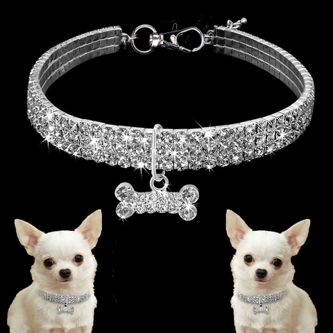 Shiny Pet Necklace Collar Rhinestone Crystal Multi Row Bone Heart Pendant Adjustable Metal Jewelry Dog Cat Puppy