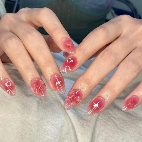 Uñas Postizas Press On Degradado Rosa Blush Diseño Lazo 3D Corazón Estrella Patrón Brillante Artificial Mujeres