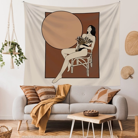 Arazzo Da Parete Ritratto Femminile Line Art Astratta Tessuto Poliestere Stile Bohemien Toni Della Terra Decorazione Estetica
