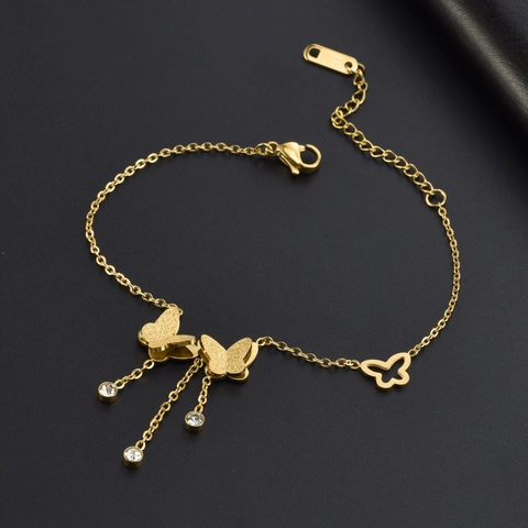 Butterfly Tassel Bracelet Gold Plated Stainless Steel Frosted Hollow Zircon Pendant Adjustable Chain Elegant For Women