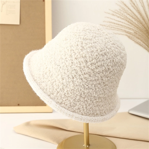 Bucket Hat Künstliche Lammwolle Winter Warm Winddicht Strick Retro Fischerhut Damen