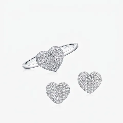 925 Sterling Silver Heart Ring And Heart Stud Earrings Pave Cubic Zirconia Romantic Sparkling Fashion Jewelry For Women