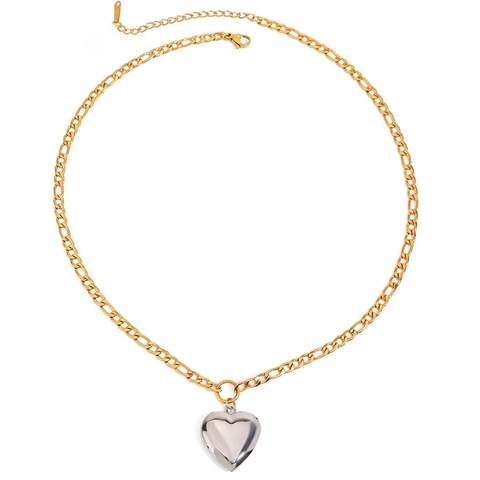 Heart Locket Necklace Stainless Steel Figaro Chain Bicolour Gold Silver Photo Holder Waterproof Hypoallergenic Women