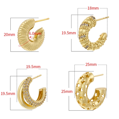 Vintage Brass C-Shape Stud Earrings Hollow Star Spiral Texture Personalized Geometric Earrings With Zircon For Women