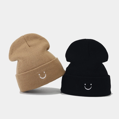 Knitted Beanie Hat Acrylic Warm Cuffed Smiley Face Embroidery Casual Streetwear For Men Women Solid Color
