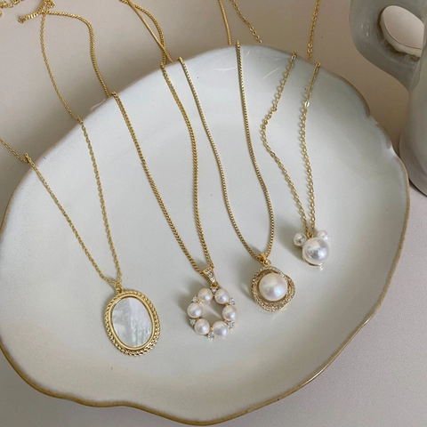 Baroque Collier Perles d'Eau Douce Français Luxe Ovale Nacre Chaîne Pull Or Cuivre Zirconia Pendentif Collier