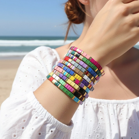 Bracciale Di Perle Tila Smalto Colorato Boho Estate Arcobaleno Macaron Lega Braccialetto Elastico Gioielli Donna