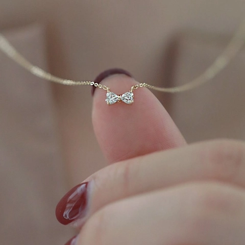 Bowknot Pendant Necklace 925 Sterling Silver 14K Gold Plated Heart Zircon Minimalist Delicate Jewelry For Women