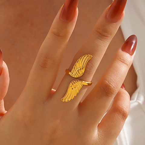 Anillo Abierto Ala De Ángel Acero Inoxidable Ajustable Textura Pluma Joyería Moda Minimalista Mujer