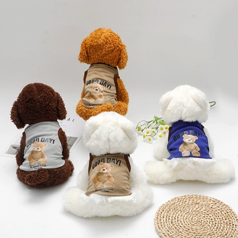 Pet Summer Vest Polyester Breathable Mesh Dog Shirt Sleeveless Striped Cartoon Bear Print Clothing For Small Dogs Cats