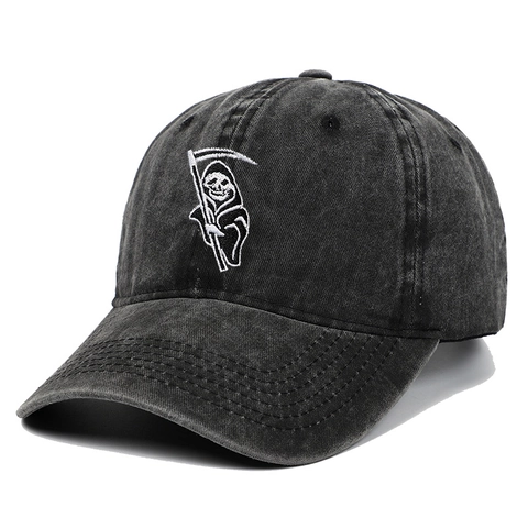 Casquette De Baseball En Coton Lavé Avec Broderie Faucheuse Ajustable Vintage Distressed Dad Hat Halloween Streetwear Pour Hommes Femmes