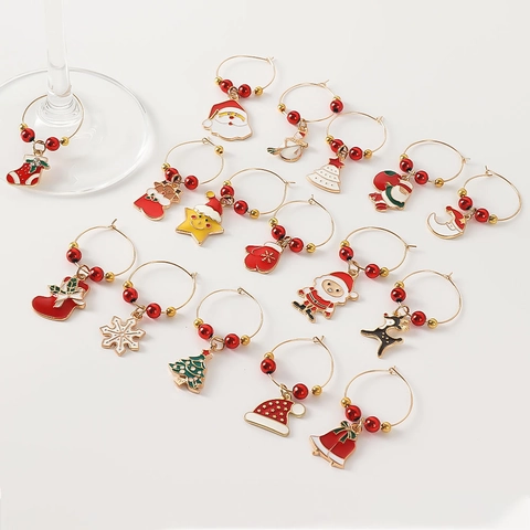Amuletos Para Copas De Vino De Navidad Aleación De Zinc Esmalte Marcadores Papá Noel Reno Árbol De Navidad Identificadores Bebida Decoración Fiesta
