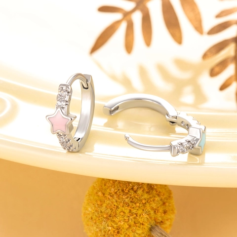 Stern Hoop Ohrringe Kupfer Emaille Zirkonia Rosa Blau Süß Winzige Huggie Ohrklemmen