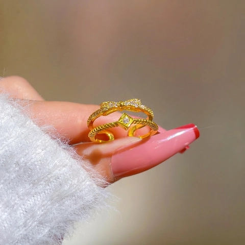Bowknot Layered Ring Brass Gold Plated Micro Pave Zircon Adjustable Open Finger Jewelry Elegant Women