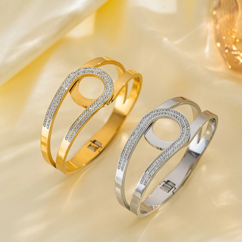 Bracciale Rigido Aperτο Elegante Acciaio Inossidabile Placcato Oro Strass Cavo Geometrico Gioielli Donna