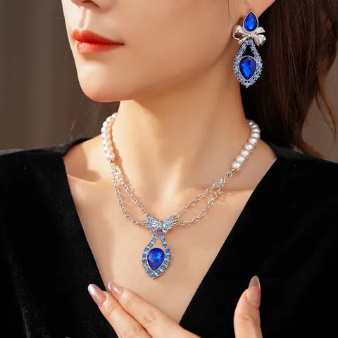 Vintage Ketting En Oorbellen Blauwe Waterdruppel Edelstenen Strik Imitatieparels Legering Strass Zilveren Oorbelsteker