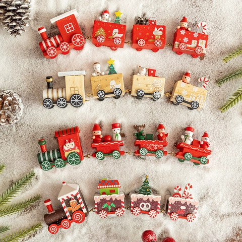 Christmas Mini Wooden Train Ornament Painted Festive Desktop Decoration Carriages Toy Gift Holiday Home Scene Layout