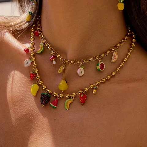Colorful Fruit Jewelry For Women 18K Gold Plated Stainless Steel Necklace Bracelet Earrings With Artificial Baroque Pearl Summer Style