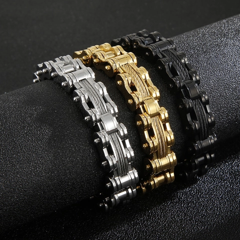 Men Stainless Steel Motorcycle Chain Bracelet Heavy Duty Industrial Bike Link With Cable Wire Detail Punk Biker Jewelry