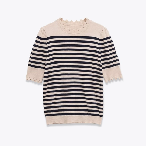 Top In Maglia A Righe Da Donna Stile Francese Elegante Bordo Festonato Manica A Sbuffo Girocollo Maglione In Poliestere Acrilico