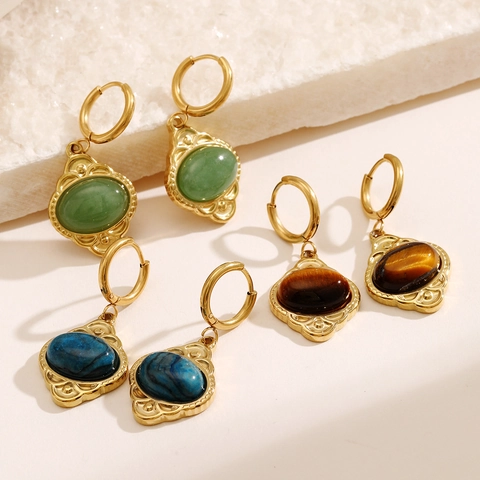 Retro Ovalen Steen Hoop Drop Oorbellen Roestvrij Staal Verguld Tijgeroog Aventurijn Boho Geometrische Sieraden Vrouwen