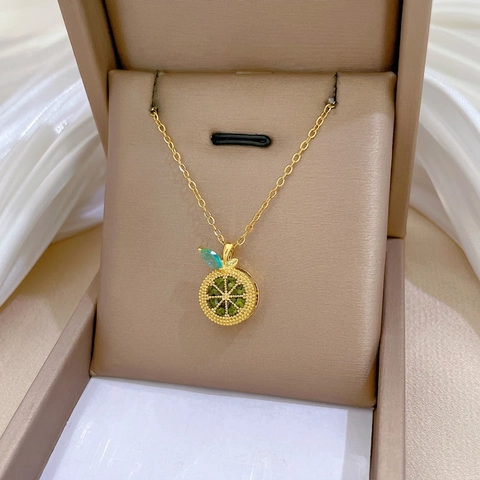Collier Pendentif Tranche De Citron Fruit Chaîne En Acier Inoxydable Cuivre Micro Sertissage Cristal Vert Bijoux Élégant
