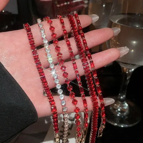 Pulsera De Tenis De Lujo Con Zircón Rojo Para Mujer Cobre Bañado En Oro Joyería De Muñeca Con Piedras Geométricas Accesorios De Moda