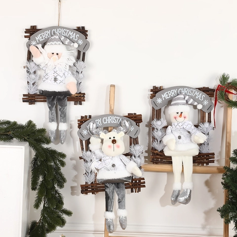 Weihnachtsanhänger Weihnachtsmann Rentier Schneemann Plüsch Holzrahmen Wanddeko Silber Pailletten Cartoon Festlich Haus