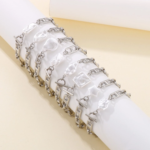 Anchor Link Bracelet Stainless Steel With Irregular Artificial Baroque Pearl Toggle Clasp Minimalist Jewelry Gift For Women