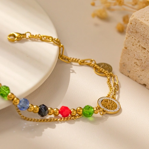 Bracciale Doppio Strato Albero Della Vita In Acciaio Inossidabile Con Perline Di Cristallo Colorate E Zircone Per Donna