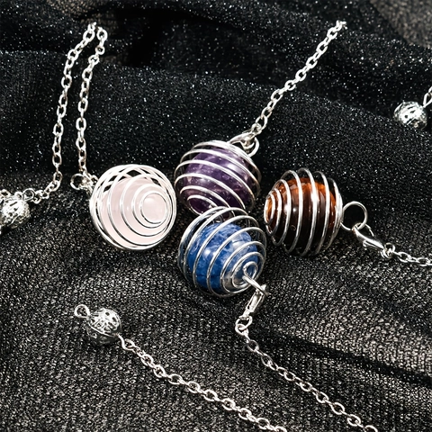 Natural Crystal Gemstone Spiral Cage Pendant Necklace Alloy Silver Tone Chain Healing Stone Bohemian Style Women