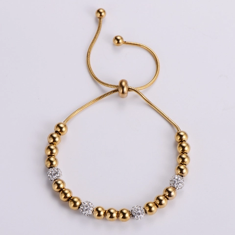 Adjustable Stainless Steel Bracelet Snake Chain With Round Beads And Rhinestone Pave Ball Charms For Women Simple Style