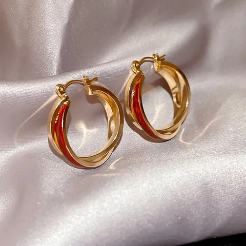 Retro Red Enamel Hoop Earrings Double Layer Cross Design Copper Jewelry With Silver Earring Post Elegant Women Accessory