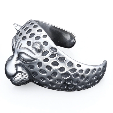 Bracciale Rigido Aperto Testa Di Leopardo Vintage Punk Rock Acciaio Inossidabile Gioiello Uomo Pesante