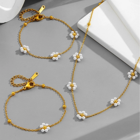 Vergulde Roestvrijstalen Bloemen Ketting Armband Met Imitatie Kunstparel Madeliefje Bedeltjes Elegante Zoete Sieraden Voor Dames