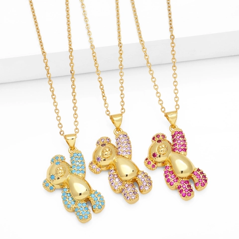 Süße Teddybär Anhänger Halskette Gold Vergoldetes Kupfer Mit Bunten Zirkonia Trendy Mode Tier Schmuck Für Frauen