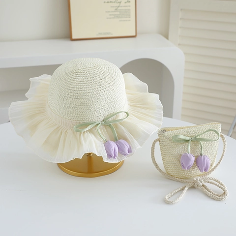 Girls Kids Straw Sun Hat With Lace Ruffle Edge And Tulip Flower Pendants Summer Breathable Elegant Princess Style