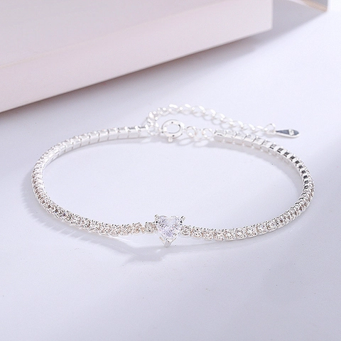 Bracciale in Argento Sterling S925 a Forma di Cuore con Zirconia Catena Tennis Regolabile Bracciale con Strass per Donna
