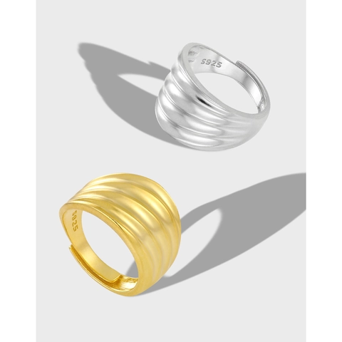 Anillo Abierto de Banda Ancha Plisado con Ondas de Plata de Ley 925 Diseño Mate Irregular Anillo Ajustable para Mujer Joyería de Moda