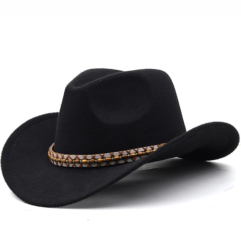Western Cowboy Hat Polyester Felt Wide Brim With Wood Beads Woven Band Retro Fedora Jazz Style Adjustable For Men Women