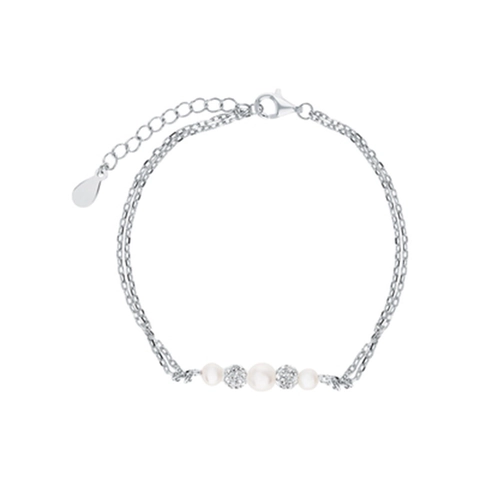 Bracciale in Argento Sterling 925 Doppio Strato Elegante Geometrico Zirconia Perla Artificiale Catena Regalo Festa della Mamma