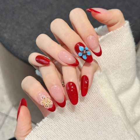 Handmade Press On Nails Red French Tip Almond Shape 3D Embossed Floral Design High Gloss Elegant Reusable Manicure