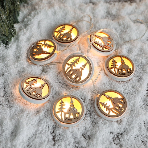 Christmas LED String Lights Wooden Hollow Pendants Warm White Reindeer Snowman House Nordic Xmas Decor Ornaments