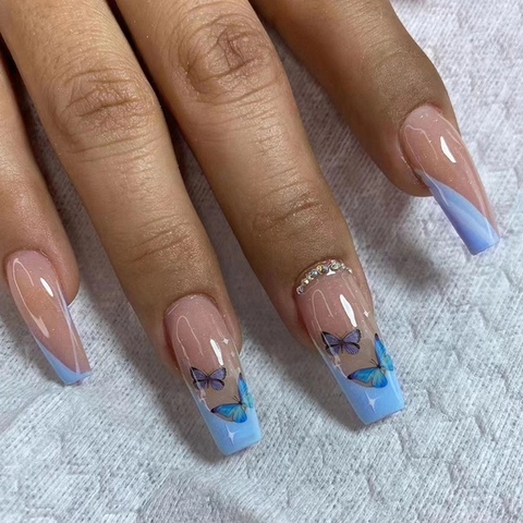 Faux Ongles Press On Cercueil Pointes Françaises Bleues Motif Papillon Avec Strass Style Ins Doux Longs Ongles