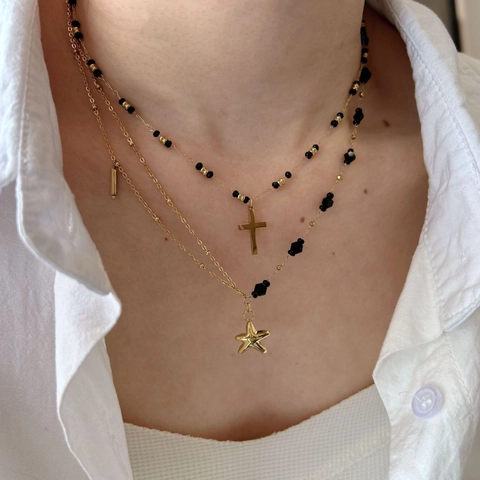 Collana da Donna in Acciaio Inossidabile con Perline di Agata Onice Nera Ciondolo Stella Marina Croce Cuore Oro Gioielli