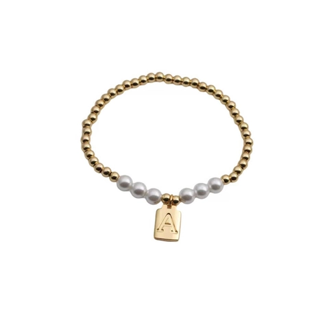 Initial Letter Bracelet Copper Beads White Faux Artificial Pearl Square Pendant Elastic Stretch Fashion Jewelry