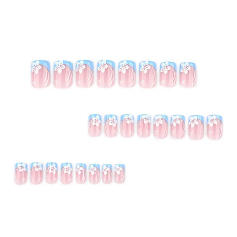 Faux Ongles Carrés Courts ABS Base Dégradée Rose Pointes Françaises Bleues Avec Motifs De Fleurs Blanches Pour Femmes