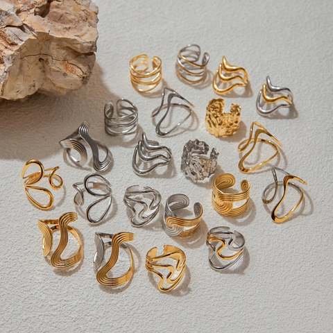 Irregular Wave Stainless Steel Rings Waterproof 18K Gold Plated Geometric Minimalist Adjustable Jewelry For Women